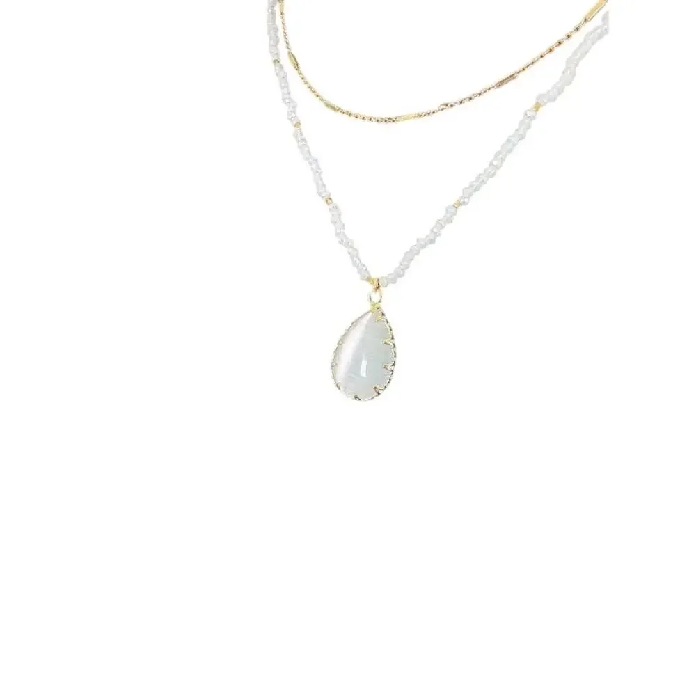 Gold Layered Necklace Moonstone Opalite Teardrop Seed Bead Bar Chain Set 16 In